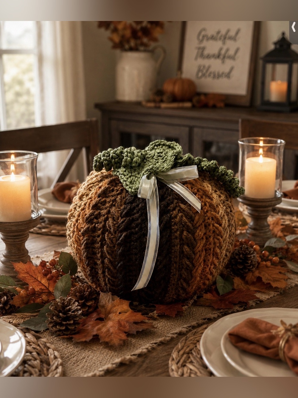 Large (28”x8.5”) Crochet Autumn Pumpkin Decor in Brown, Tan & Green